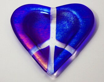 Peace Sign Glass Art Tray  -   Iridescent Blue  -  Heart Dish  -  Glass Art  - Corporate Gift  -  Valentine  - Trinket Tray