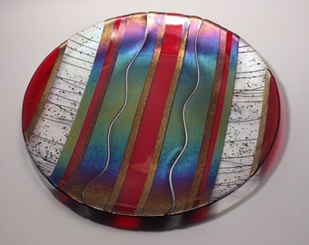 Fused Glass Tray - Round Tray - Art - Glass  - Decorative - Centerpiece - Colorful - Handmade  - 19" diameter -  Confetti - Classic - Red