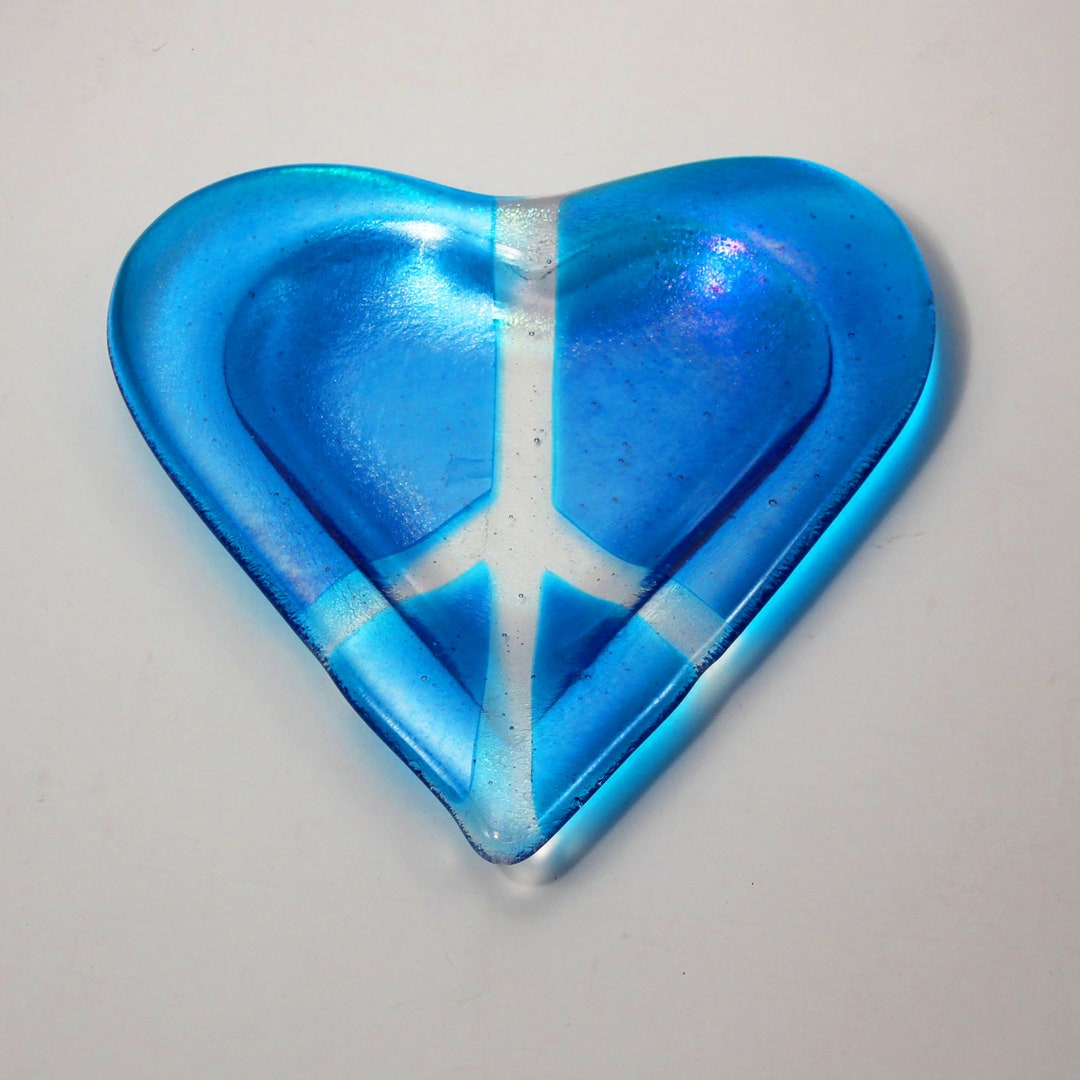Peace Sign Glass Art Tray Fused Glass Heart Tray Aqua Etsy