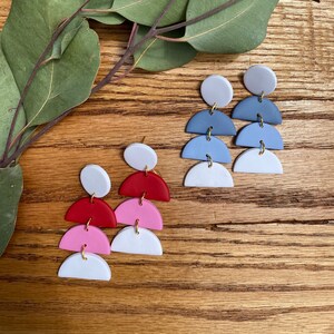 Gradient White and Blue or Red Minimalist Clay Semicircle Statement Earrings