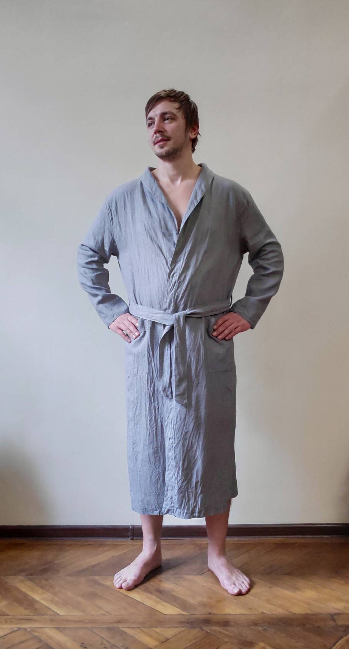 Men linen robe in light gray / pure linen / gift for him Etsy