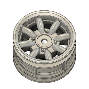 May include: A gray, detailed model of a car wheel with a multi-spoke design. The wheel has a deep lip and a smooth, rounded outer edge.