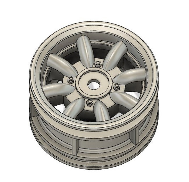 May include: A gray, detailed model of a car wheel with a multi-spoke design. The wheel has a deep lip and a smooth, rounded outer edge.
