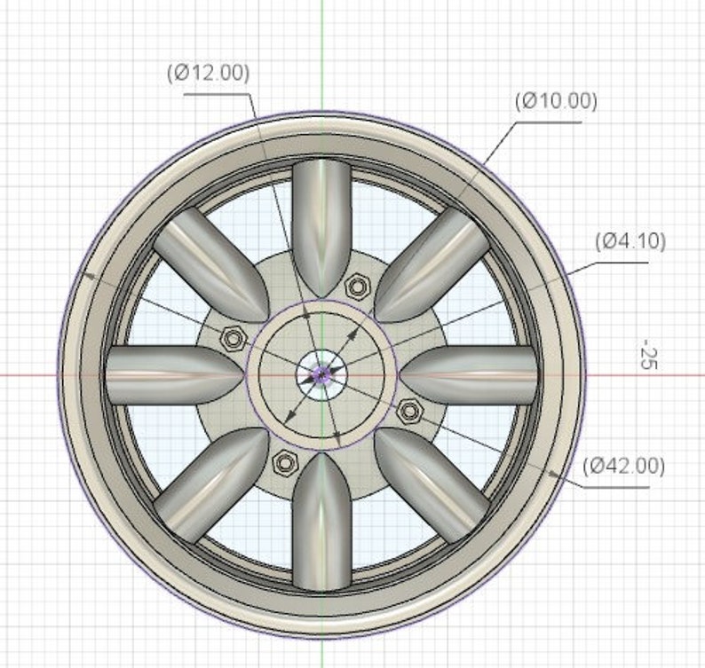 May include: A silver-colored car wheel with eight spokes. The wheel has a diameter of 12 inches and a width of 4.1 inches. The wheel is designed for a car with a 25 mm offset.