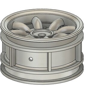 May include: A gray plastic wheel with a five-spoke design. The wheel has a center hub with a hole in the middle.