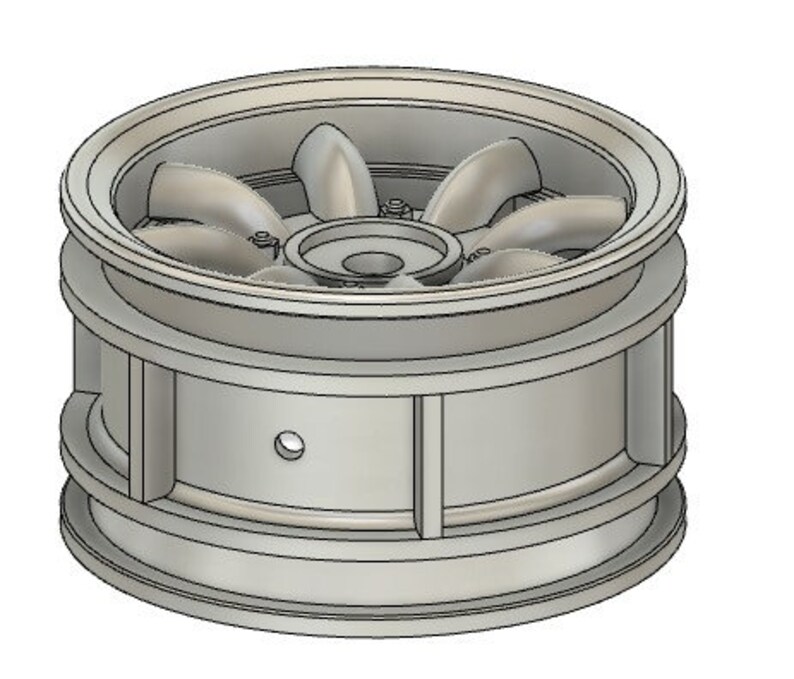 May include: A gray plastic wheel with a five-spoke design. The wheel has a center hub with a hole in the middle.