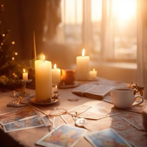 May include: A warm, inviting scene featuring lit candles of varying sizes, tarot cards, a cup of tea, and an open book on a table. The soft lighting creates a mystical ambiance, suggesting a theme of divination or spiritual practice. The scene is bathed in warm, golden light.