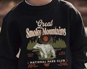 Great Smoky Mountains Youth Crewneck Sweatshirt, National Park Crewneck For Kids Retro Sweater Outdoorsy, Kids Crewneck Sweatshirt