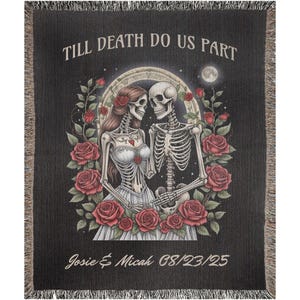 Gothic Wedding Blanket Skeleton Throw Gift Idea Personalized Macabre Present Wall Tapestry Dark Anniversary Goth Couple Couch Woven