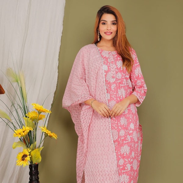 Women Designer Pink Printed Cotton Dupatta Salwar Kameez Indian Ethnic Elegant Pant Kurta Top Tunic Bollywood Plus Size Combo Stitched Dress