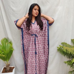 Hand Block Printed Kaftan, Indian Cotton Caftan, Lounge Wear, Beach Dress with Tassels, Nightwear, Comfy Dress, Maxi Dress, Maternity Wear