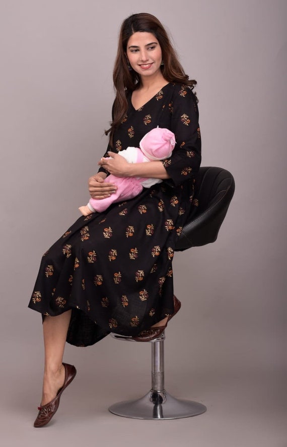Buy HENAL Women's Cotton Blend A-Line Maternity Feeding Kurti with Zipper  Pink Chundari Printed Maternity Kurti at Amazon.in