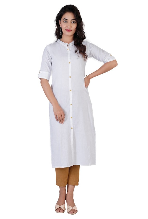 Samma Chikankari Long Kurta V-Neck Cotton for Women- White - House Of Kari  (Chikankari Clothing)