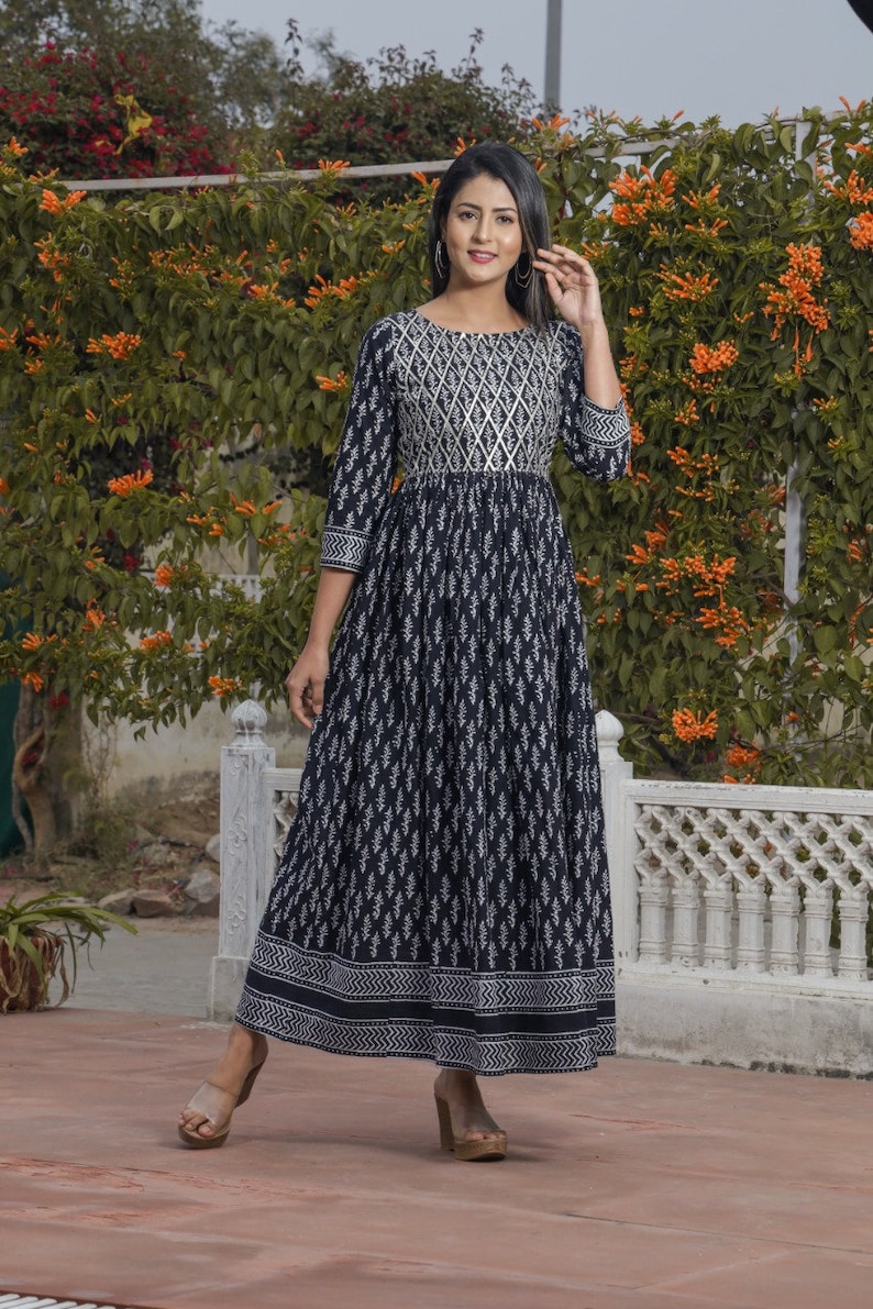 Black /& White Hand Block Print Floor Length Kurti,Gown With Duptta And Gota Streps WorkWedding GownParty WearAnimal Print
