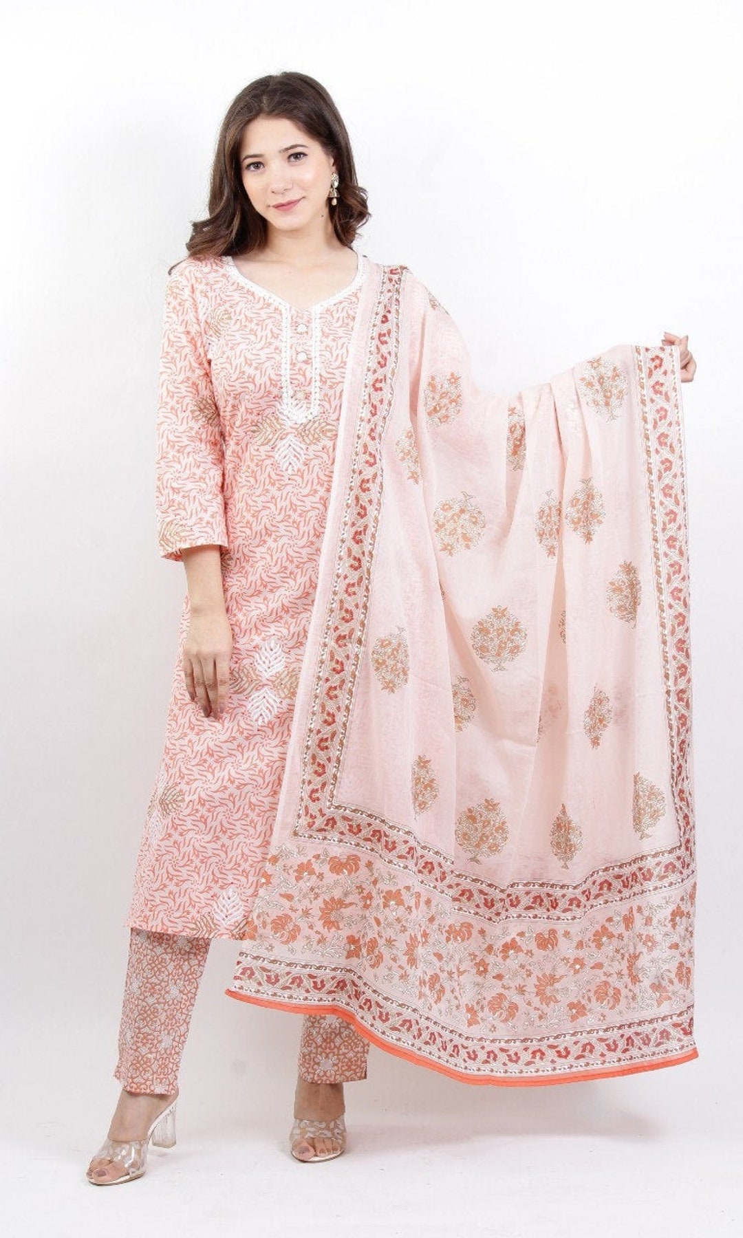 Pink Printed Cotton Stitched Suit Set With Dupatta