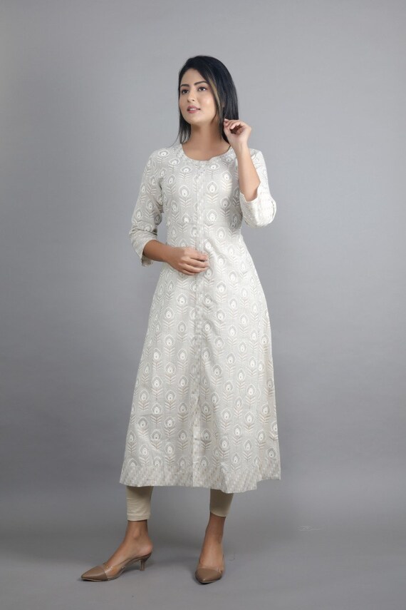 White Line Check Print on Jade Background Latest Style Kurti with Collar  Neck