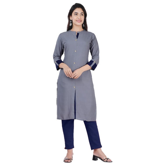 Buy Women's Rayon Rubber Print Sherwani Style Kurti with Buttons Accessory  (Large, Ash Grey) at Amazon.in
