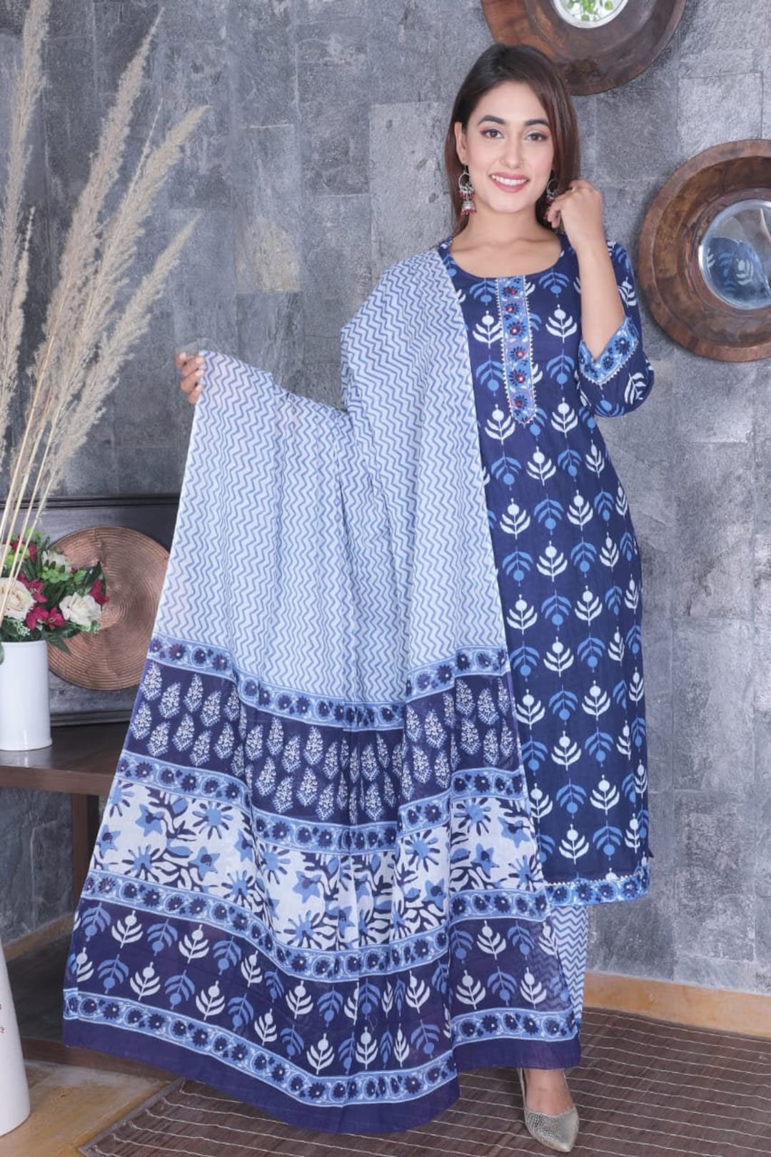 Women Designer Blue Cotton Dupatta Salwar Kameez Indian Ethnic Elegant ...