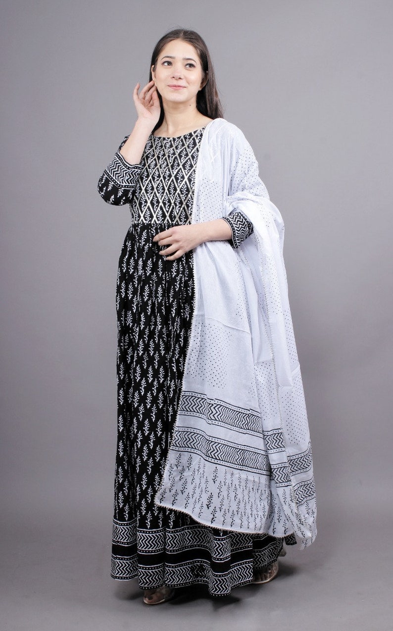 Black /& White Hand Block Print Floor Length Kurti,Gown With Duptta And Gota Streps WorkWedding GownParty WearAnimal Print