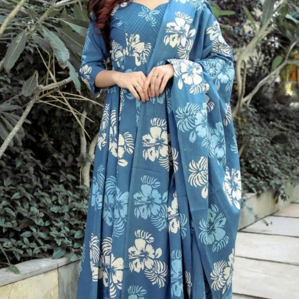 Women Designer Cotton Dupatta Anarkali kurta Salwar Kameez Indian Ethnic Elegant Pant Kurta Top Tunic Bollywood 3 Piece Combo Stitched Dress
