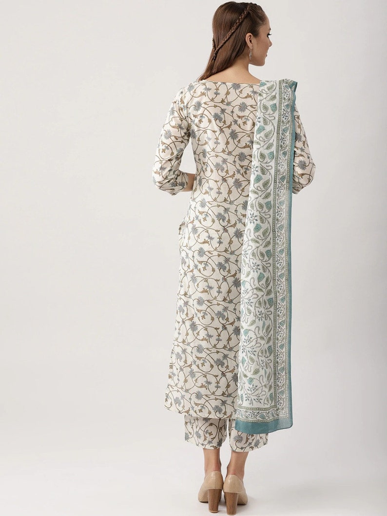 Indibelle Cotton Floral print Straight Kurta Pant With Dupatta (Off White) main image 1