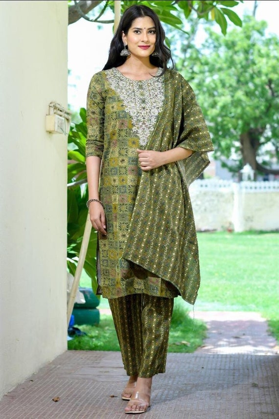 Designer Women Wear Green Salwar Kameez Dupatta Set Indian Ethnic
