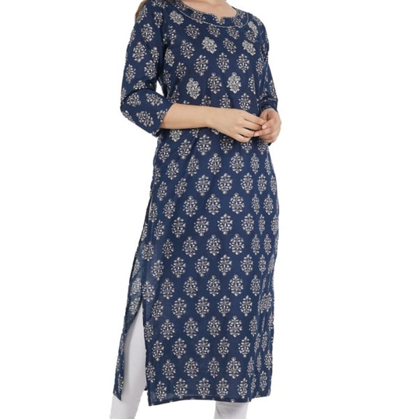 Indigo Print Blue Straight Kurti Top salwar kameez tunic top Indian Dress For All Time Wear