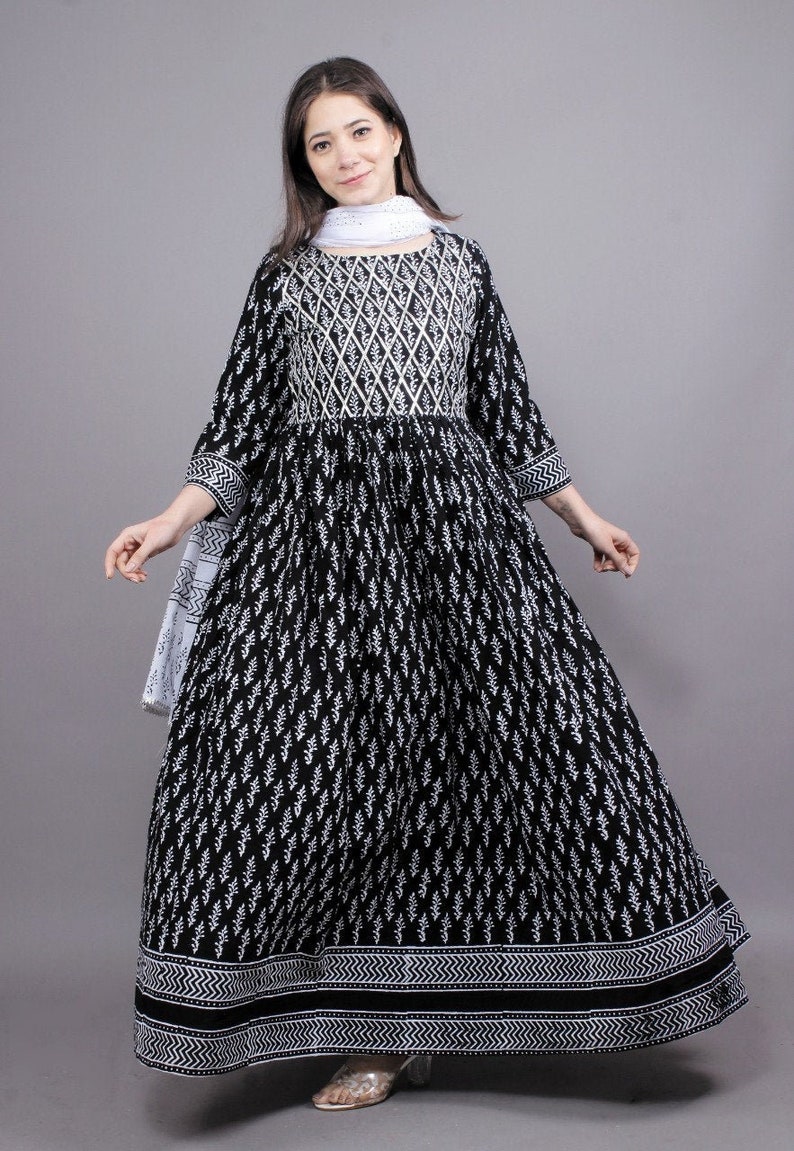 Black /& White Hand Block Print Floor Length Kurti,Gown With Duptta And Gota Streps WorkWedding GownParty WearAnimal Print