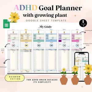 Może przedstawiać: Szablon arkusza kalkulacyjnego Google dla planera celów ADHD z motywem rosnącej rośliny. Szablon zawiera wykres postępu, odliczanie i funkcję przekreślania. Szablon został zaprojektowany dla mózgów z ADHD ze względu na swoją prostotę.