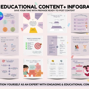 May include: A collage of 10 colorful infographic templates with tips on mental health, goal setting, and self-confidence. The text "100+ EDUCATIONAL CONTENT + INFOGRAPHIC" is at the top of the image. The text "FULLY EDITABLE" is at the bottom right of the image. The text "READY-TO-POST" is at the bottom left of the image. The text "GIVES VALUE VALUE VALUE" is at the bottom right of the image.