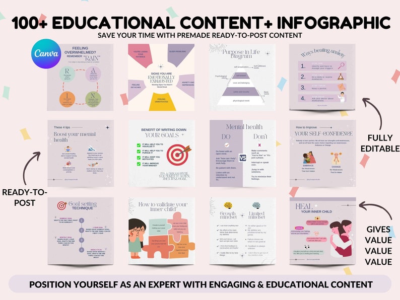 May include: A collage of 10 colorful infographic templates with tips on mental health, goal setting, and self-confidence. The text "100+ EDUCATIONAL CONTENT + INFOGRAPHIC" is at the top of the image. The text "FULLY EDITABLE" is at the bottom right of the image. The text "READY-TO-POST" is at the bottom left of the image. The text "GIVES VALUE VALUE VALUE" is at the bottom right of the image.
