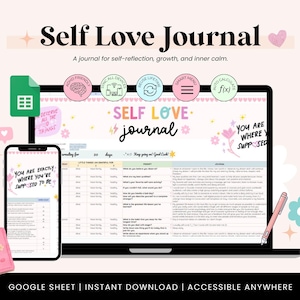Könnte beinhalten: Ein digitales Selbstliebe-Journal, das auf einem Laptop und Smartphone angezeigt wird, mit einem rosa Notizbuch und Stift. Der Titel des Journals lautet "Self Love Journal" mit dem Text "A journal for self-reflection, growth, and inner calm."