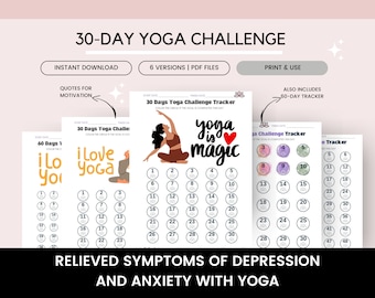 May include: Printable 30-day yoga challenge tracker with a colorful design. The tracker features a yoga pose illustration and the text "yoga is magic".