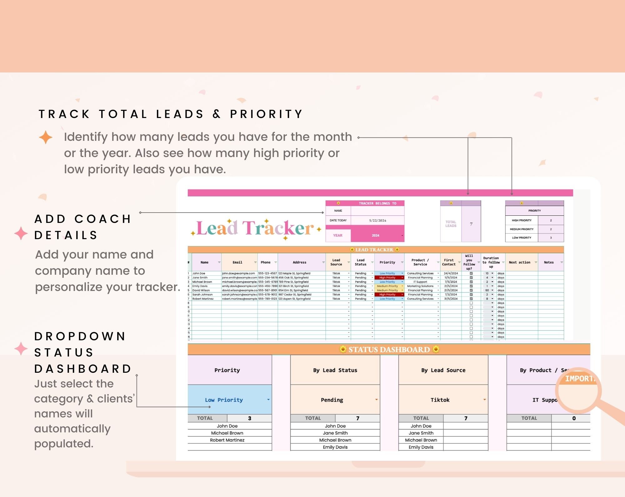 Lead Tracker Spreadsheet for Coaches, CRM, Client Relationship ...
