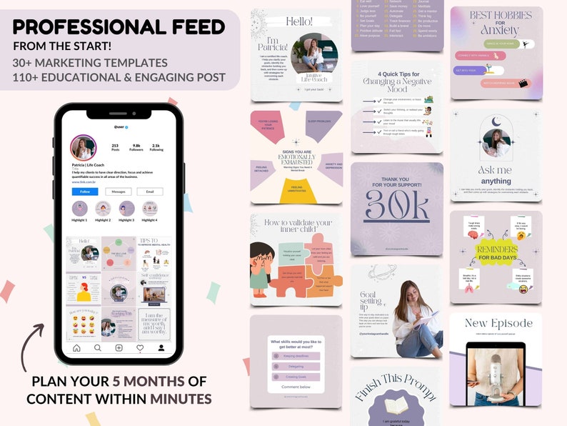 May include: A collage of social media posts with tips for managing anxiety and improving mental health. The posts feature a variety of colors and designs, including a woman with a microphone, a puzzle, and a list of hobbies. The text on the posts includes phrases like "Best Hobbies for Anxiety", "How to Validate Your Inner Child", and "Thank You for Your Support! 30k".
