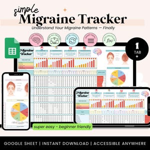 May include: A digital migraine tracker displayed on a tablet and smartphone, with charts and graphs. The text reads "Simple Migraine Tracker" and "Understand Your Migraine Patterns - Finally." Additional text includes "super easy - beginner friendly."
