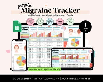 May include: A digital migraine tracker displayed on a tablet and smartphone, with charts and graphs. The text reads "Simple Migraine Tracker" and "Understand Your Migraine Patterns - Finally." Additional text includes "super easy - beginner friendly."