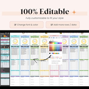 May include: A digital spreadsheet displayed on a black tablet. The spreadsheet is divided into multiple sections with colourful charts and data tables. The text "100% Editable" and customisation options are visible. The colour palette tool is open, showing various colour options.