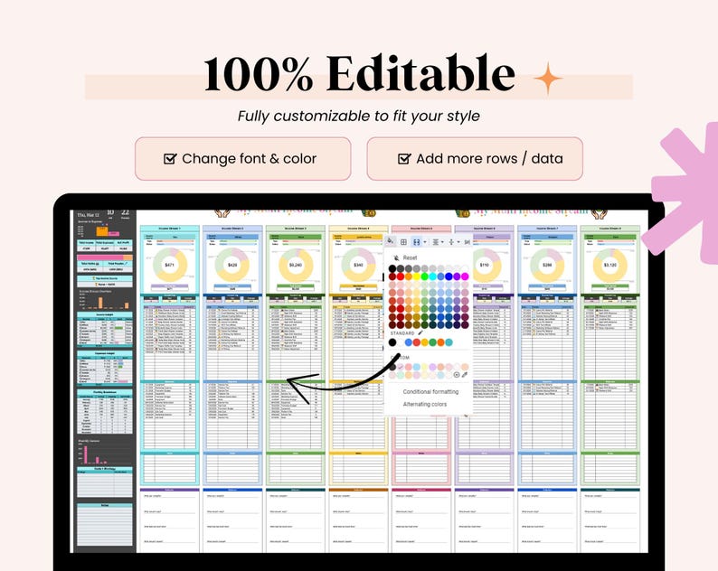May include: A digital spreadsheet displayed on a black tablet. The spreadsheet is divided into multiple sections with colourful charts and data tables. The text "100% Editable" and customisation options are visible. The colour palette tool is open, showing various colour options.