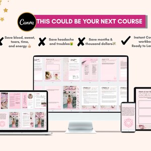 May include: A computer screen, laptop, and tablet display a pink and white digital course workbook with the text "This Could Be Your Next Course". The workbook includes the text "Save blood, sweat, tears, time, and energy", "Save headache and troubles", "Save months & thousand dollars", and "Instant Course/workbook Ready to Launch".