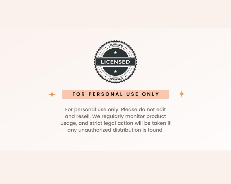 May include: A black and white circular Licensed badge with the text "LICENSED" in a banner. Below the badge is a peach-colored banner with the text "FOR PERSONAL USE ONLY". The text below the banner states the terms of use.