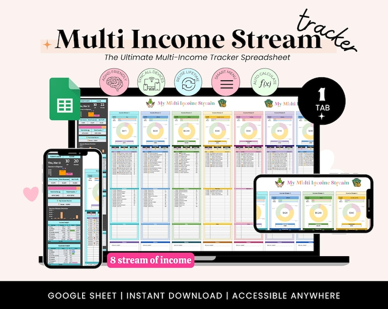 May include: A digital spreadsheet titled "Multi Income Stream Tracker" displayed on a computer monitor and two smartphones. The spreadsheet features colourful charts and data tables. Text includes "8 stream of income" and "GOOGLE SHEET | INSTANT DOWNLOAD | ACCESSIBLE ANYWHERE."