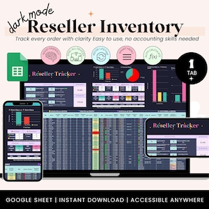 Puede incluir: Un sistema digital de gestión de inventario que se muestra en una computadora portátil, un teléfono inteligente y una tableta. La interfaz presenta un diseño en modo oscuro con gráficos y tablas de datos. El texto incluye "Reseller Inventory" y "Reseller Tracker".