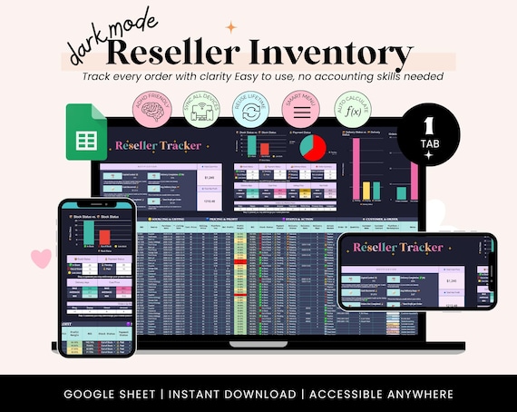Reseller Spreadsheet Google Sheet Dark Mode | Sales Tracker Inventory Profit | Reseller Etsy eBay Amazon Online Seller Tool Reseller Tracker