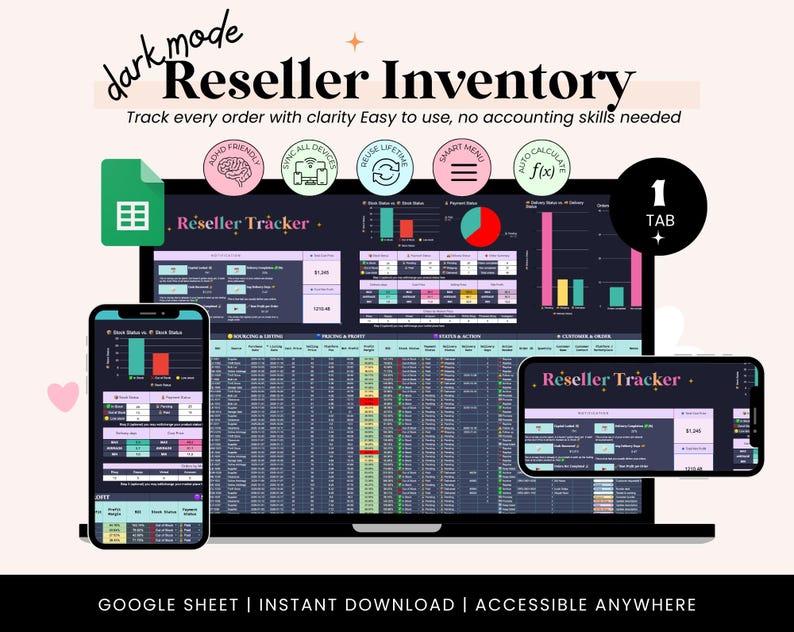 May include: A digital inventory management system displayed on a laptop, smartphone, and tablet. The interface features a dark mode design with charts, graphs, and data tables. Text includes "Reseller Inventory" and "Reseller Tracker". The system is designed for easy use and accessible anywhere.