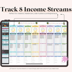 May include: A digital tablet showing a financial tracking spreadsheet labelled "Track 8 Income Streams." The spreadsheet is organised with multiple columns and colourful charts. Text on the screen includes "My Multi Income Stream" and "Track 8+ income streams or more!"