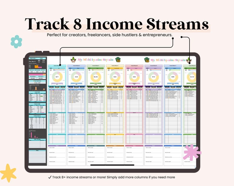May include: A digital tablet showing a financial tracking spreadsheet labelled "Track 8 Income Streams." The spreadsheet is organised with multiple columns and colourful charts. Text on the screen includes "My Multi Income Stream" and "Track 8+ income streams or more!"