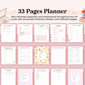 May include: A pink planner with 33 pages, designed for IVF cycles. The planner includes structured timelines, trackers, and reflection pages. The cover features a leopard print design, and the pages have floral accents. A laptop and medication are also shown.