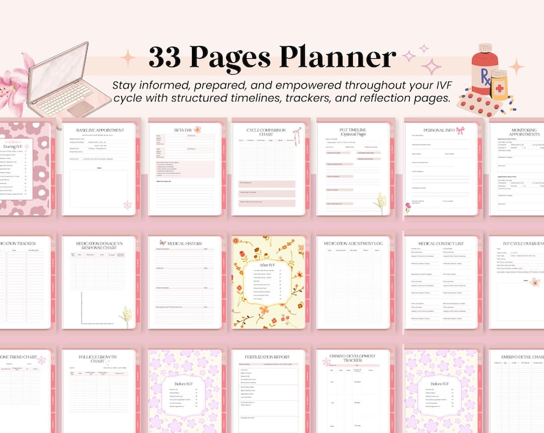 May include: A pink planner with 33 pages, designed for IVF cycles. The planner includes structured timelines, trackers, and reflection pages. The cover features a leopard print design, and the pages have floral accents. A laptop and medication are also shown.
