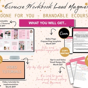 May include: A pink and white digital marketing lead magnet for an e-course and workbook. The image shows a computer screen displaying a workbook with the title "Abundance Mindset". The text "Ecourse Workbook Lead Magnet" is written in a pink and white font. The text "Done for you - Brandable Ecourse" is written in a pink and white font. The text "What you will get..." is written in a pink and white font. The text "Sales Page Copywriting Template Worth $97" is written in a pink and white font. The text "Who need expensive copywriters?" is written in a pink and white font. The text "Copywriting" is written in a pink and white font. The text "Opt in and Sales Email Swipe File Worth $37" is written in a pink and white font. The text "Step by step guide" is written in a pink and white font. The text "No need to spend hours and hours writing email sequences" is written in a pink and white font. The text "Video Tutorials for Implementation Worth $197" is written in a pink and white font. The text "Swipe File" is written in a pink and white font.